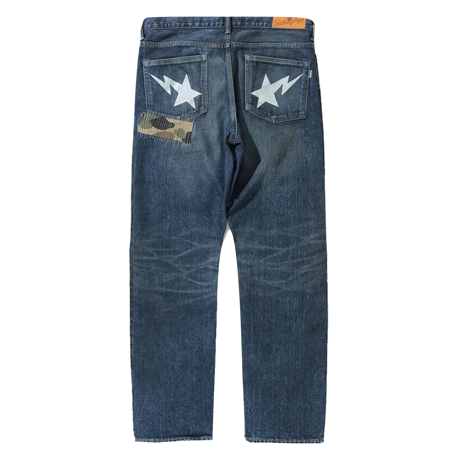 A BATHING APE 1999 TYPE-02 1ST CAMO PATCH DAMAGED DENIM PANTS - INDIGO