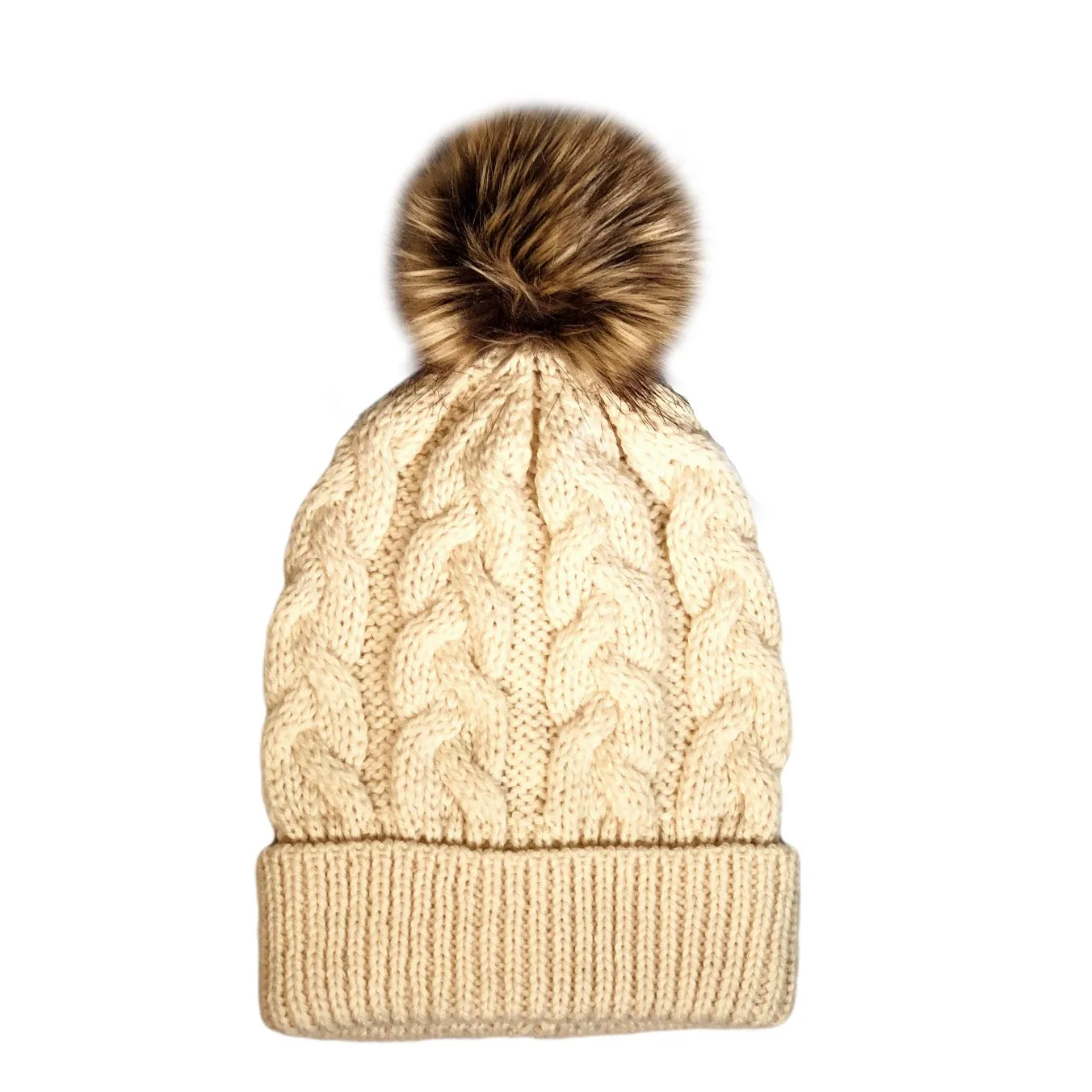 Aran Cable Knit Beanie with Faux Fur Pom Pom [ 5 Colors ]