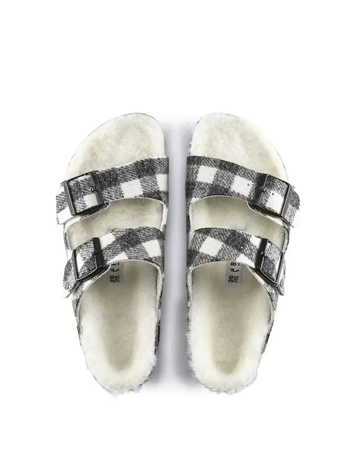 Birkenstock Arizona Shearling Wool Narrow Sandal Plaid White