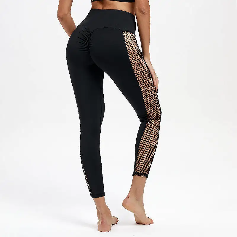 Black High Waisted Leggings with Fishnet Patchwork Side Inserts Angelina_sale