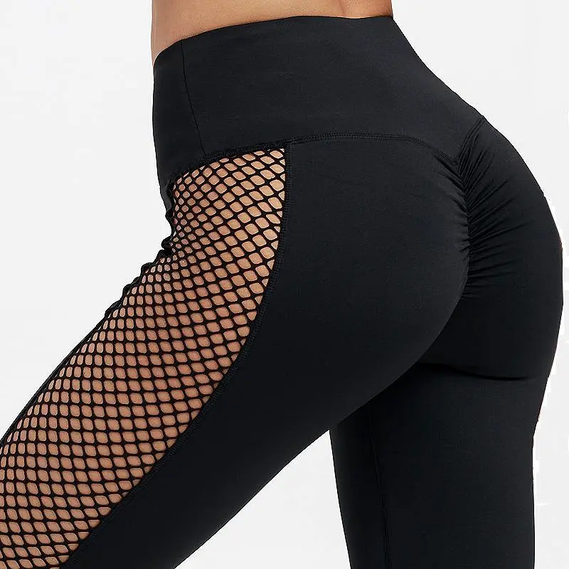 Black High Waisted Leggings with Fishnet Patchwork Side Inserts Angelina_sale