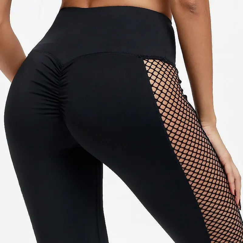 Black High Waisted Leggings with Fishnet Patchwork Side Inserts Angelina_sale