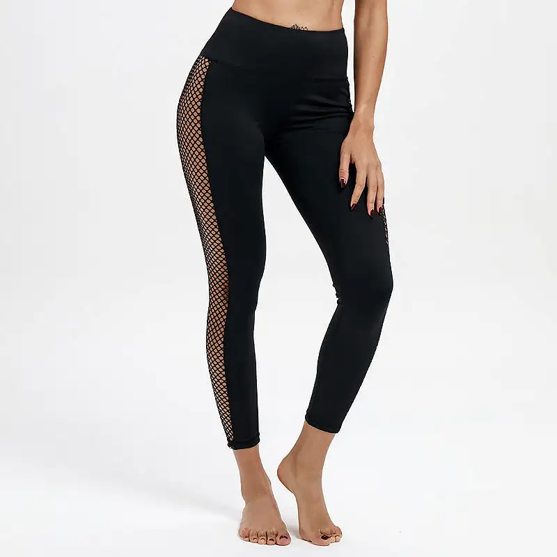 Black High Waisted Leggings with Fishnet Patchwork Side Inserts Angelina_sale