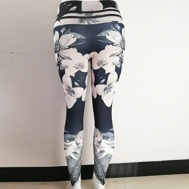 Blue Gray Leggings with Lined Waistband and Large White Flower Print Betsy_sale