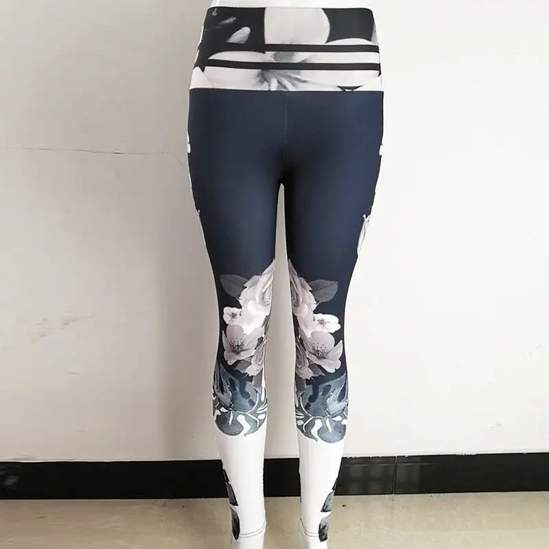 Blue Gray Leggings with Lined Waistband and Large White Flower Print Betsy_sale