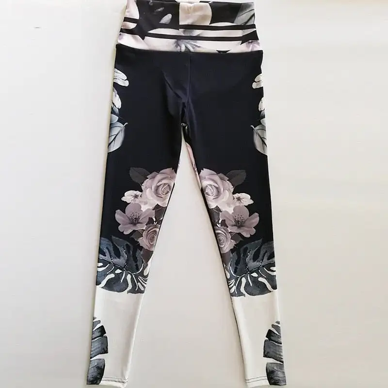 Blue Gray Leggings with Lined Waistband and Large White Flower Print Betsy_sale