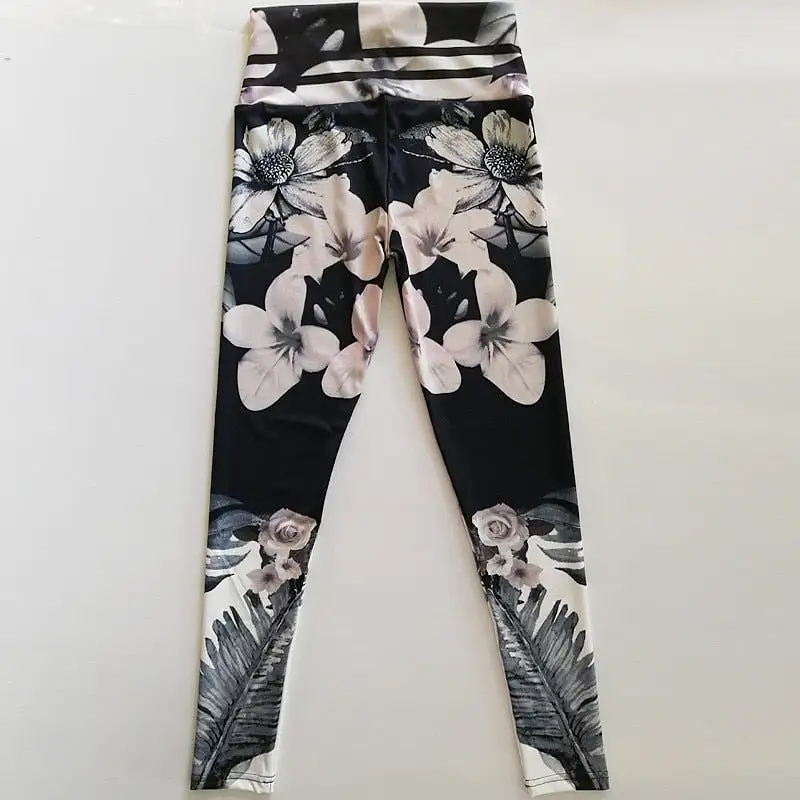 Blue Gray Leggings with Lined Waistband and Large White Flower Print Betsy_sale