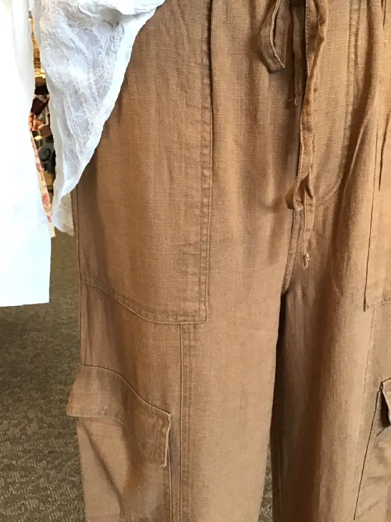 Camel Linen Blend Wide Leg Cargo Pants - S to XL