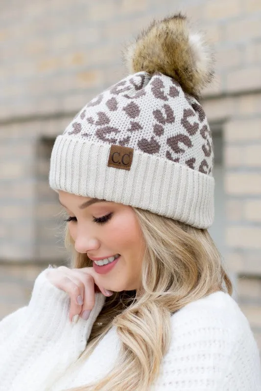 C.C Leopard Faux Fur Pom Beanie