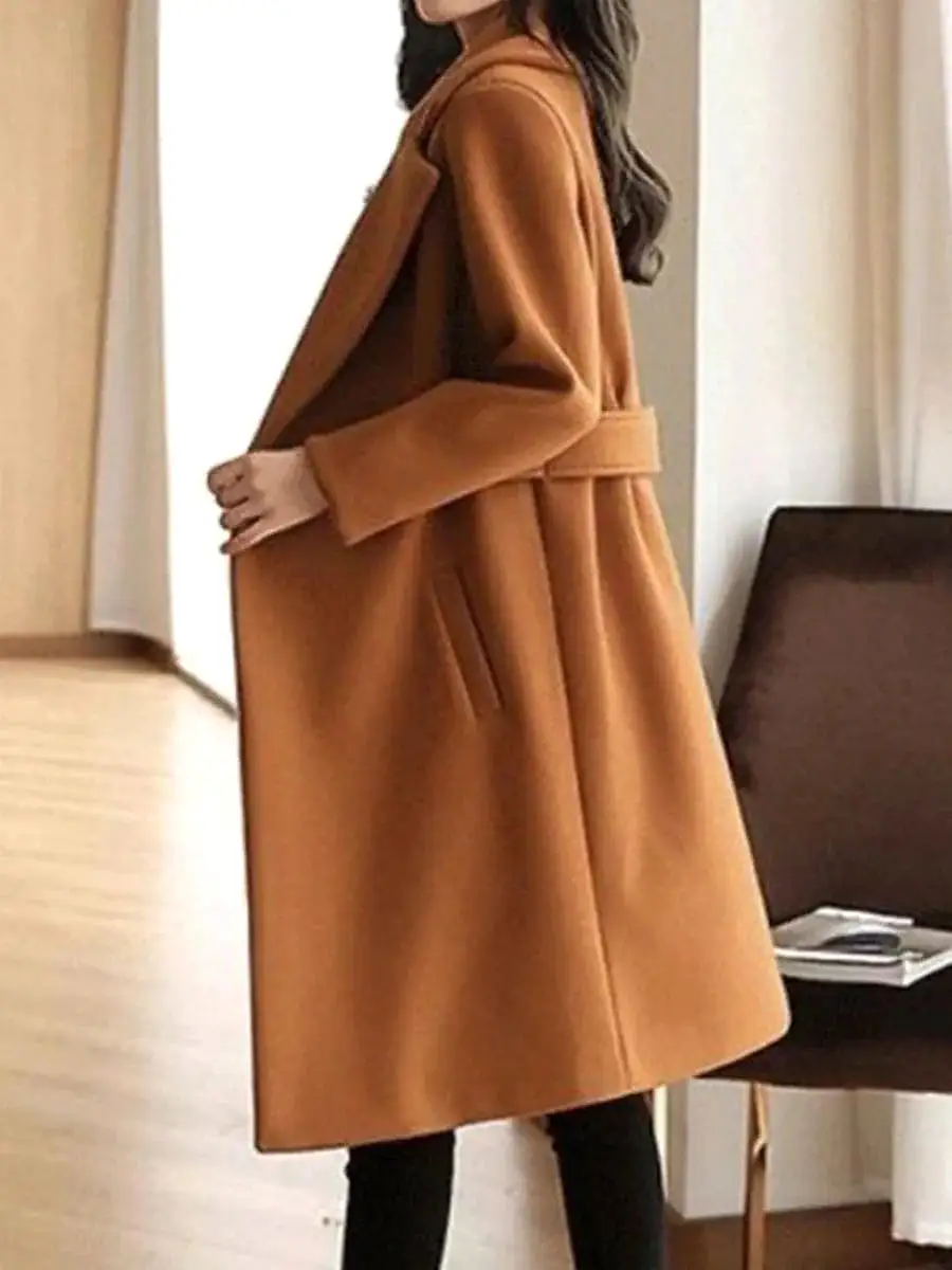 Chic Women's Long Coat with Eye-Catching Print and Convenient Pockets in Red, Camel, or Brown