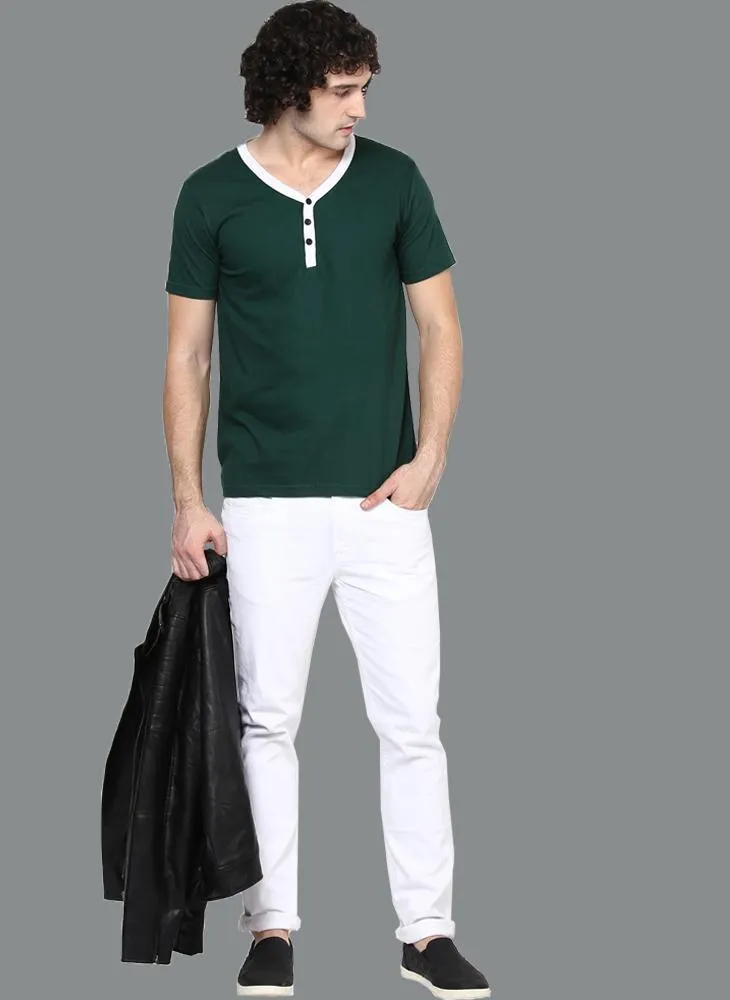 Dark Green Contrast Placket Henley T-shirt