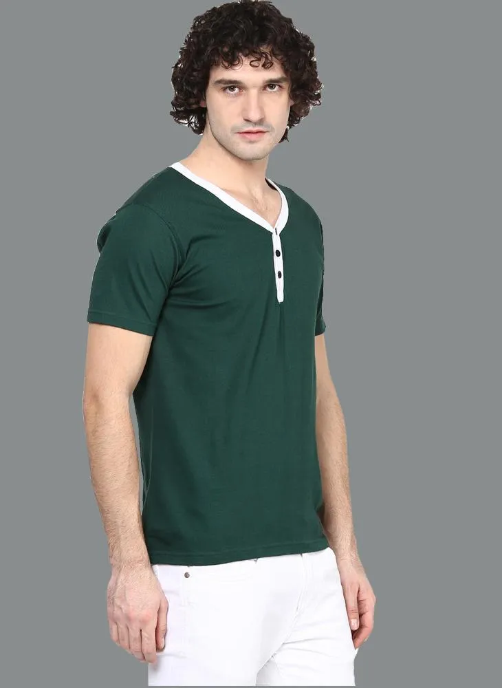 Dark Green Contrast Placket Henley T-shirt