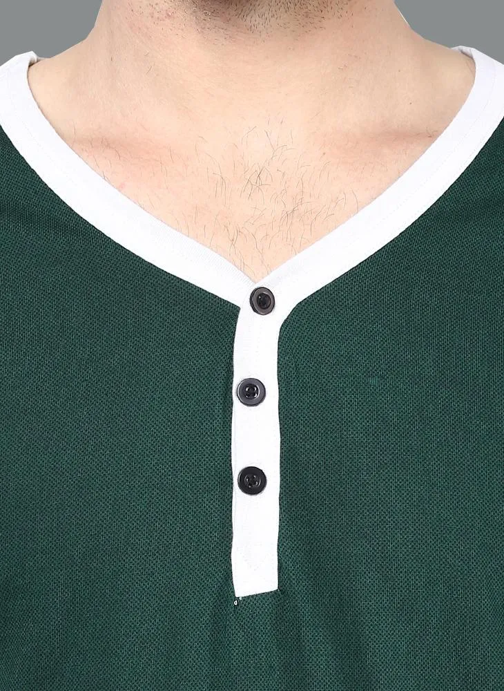 Dark Green Contrast Placket Henley T-shirt