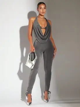 Draped Backless Halter Top  Leggings Set