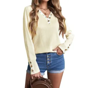 Floral Trim Waffle Knit Henley