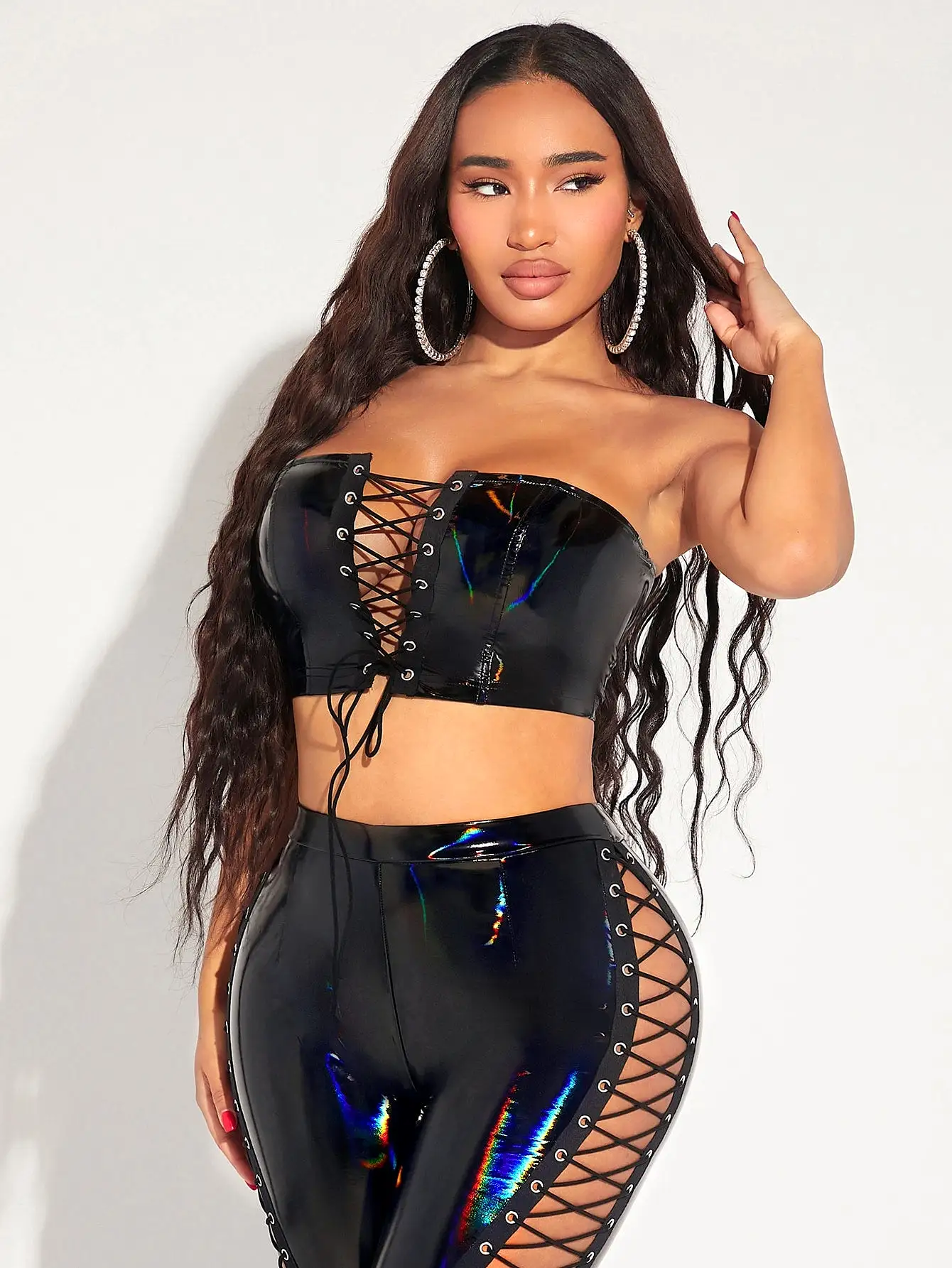 Lace Up PU Leather Crop Tube Top & Leggings Set