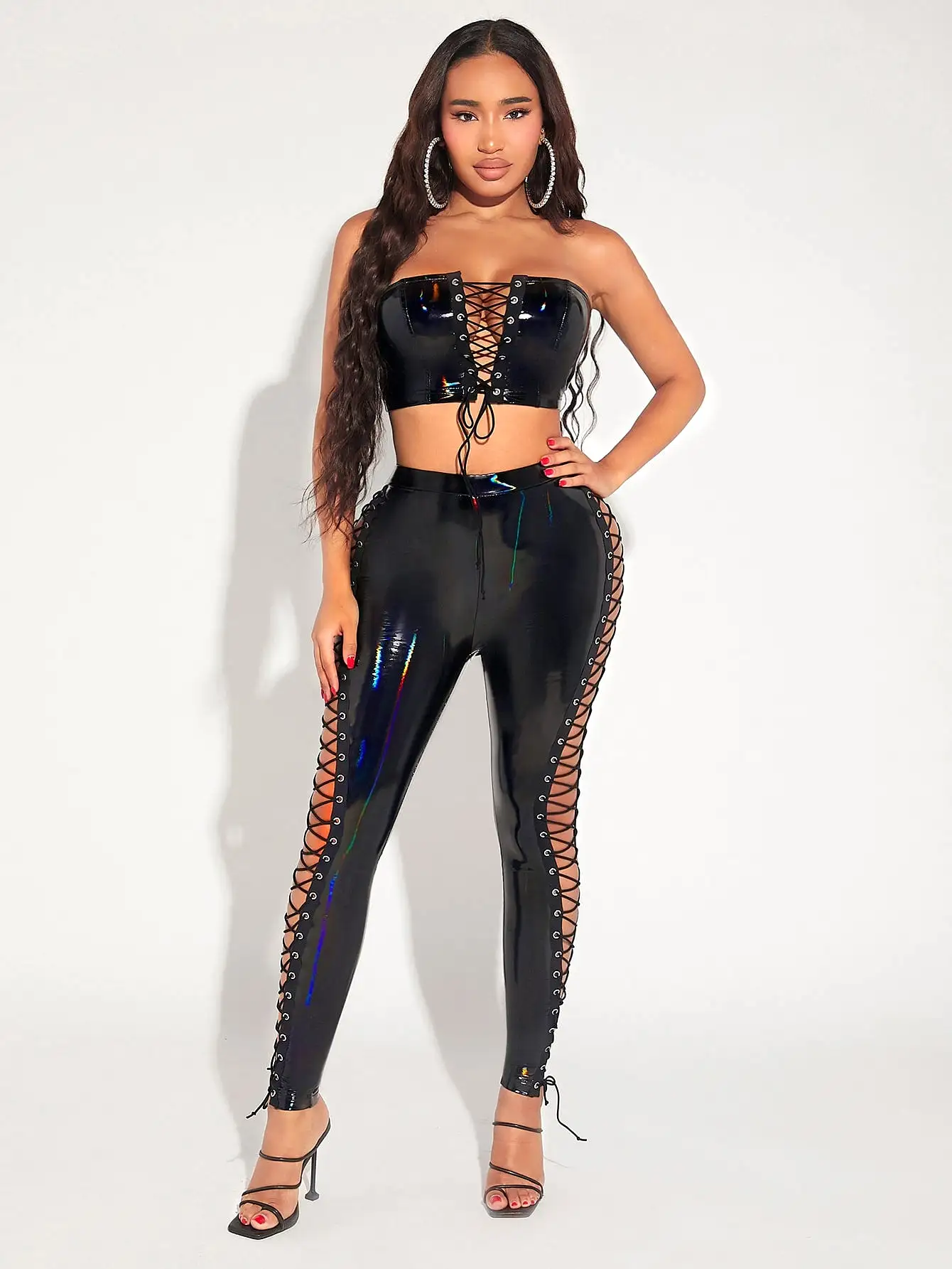 Lace Up PU Leather Crop Tube Top & Leggings Set