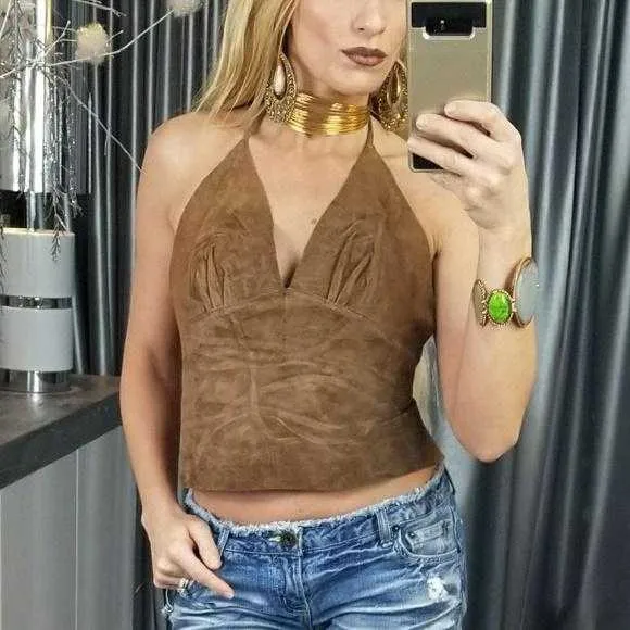 Leather Coachella Brown Halter Crop Top