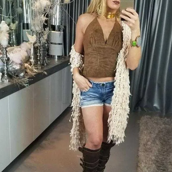 Leather Coachella Brown Halter Crop Top