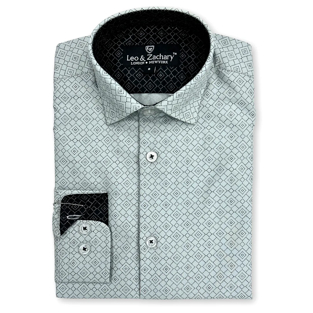 Leo & Zachary Boys Grey Diamond Print Non-Iron Dress Shirt_ 5966