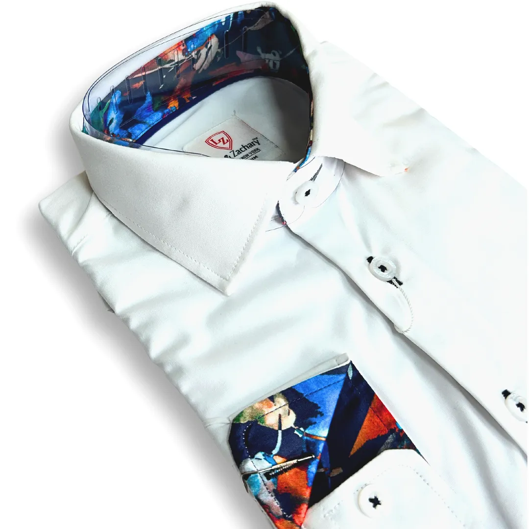 Leo & Zachary Boys White/Navy Stitch Non-Iron Dress Shirt_5518