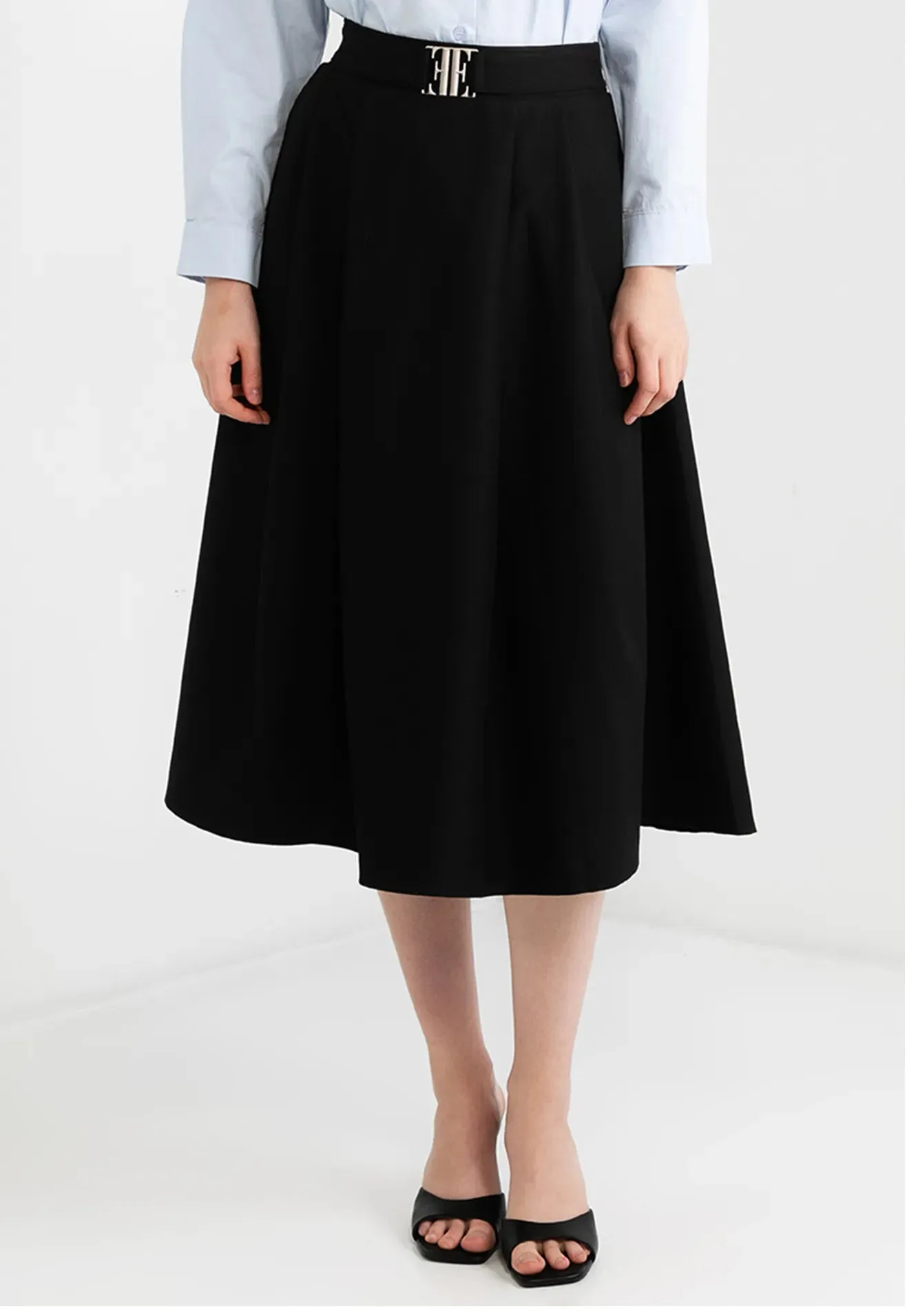 Logo Belted Pleated Midi Skirt