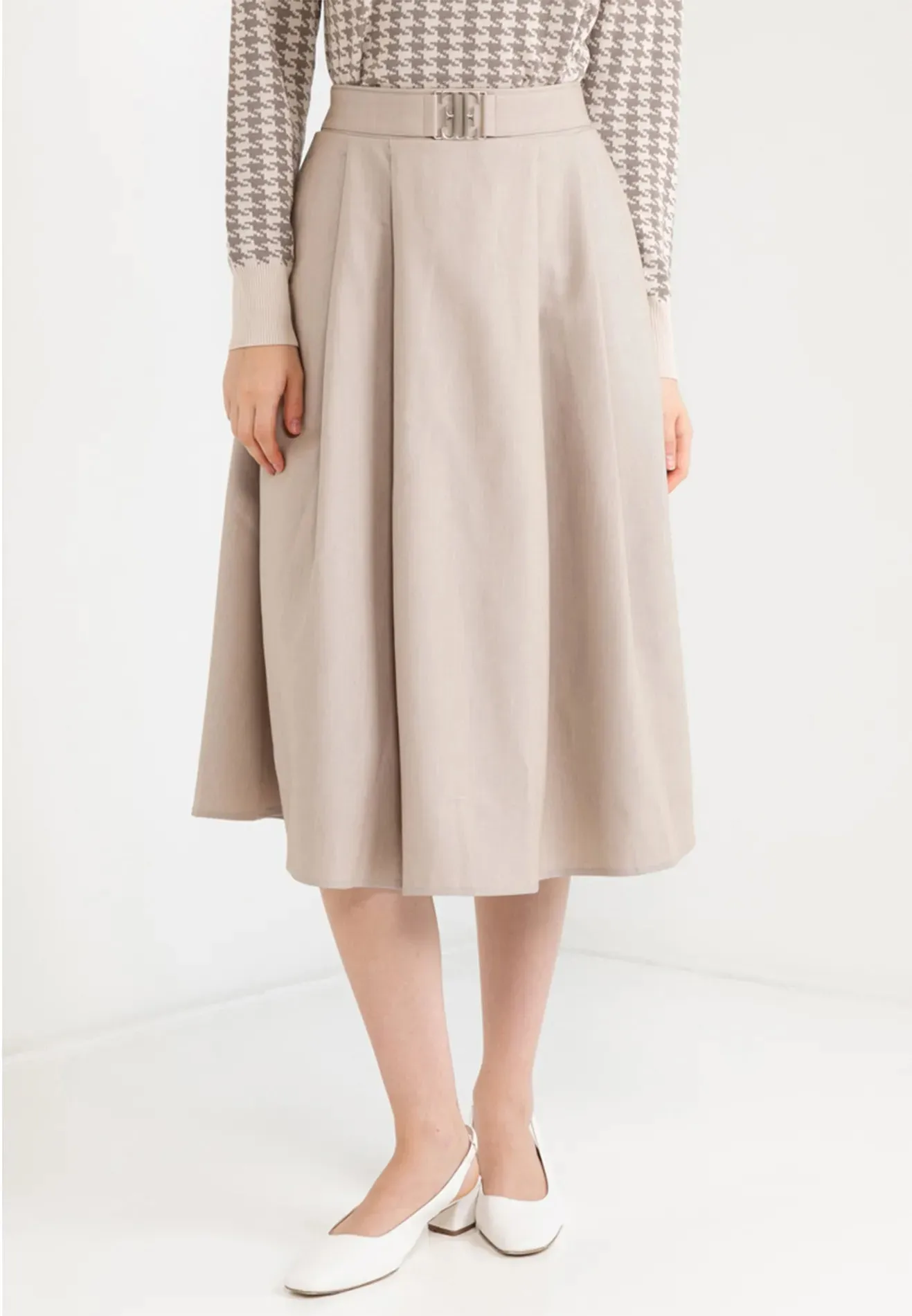 Logo Belted Pleated Midi Skirt