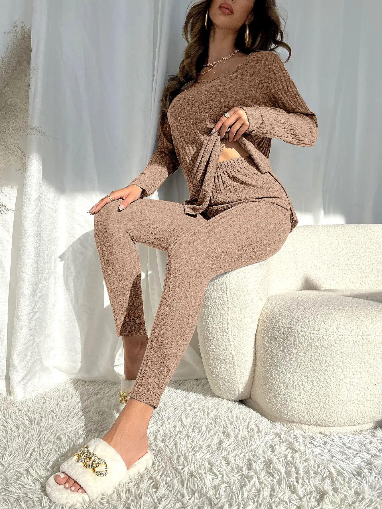 Marled Knit Split Hem Top Leggings Lounge Set