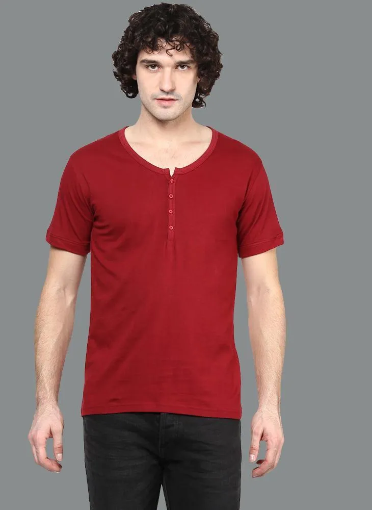 Maroon Basic V-Neck Henley Collar T-Shirt