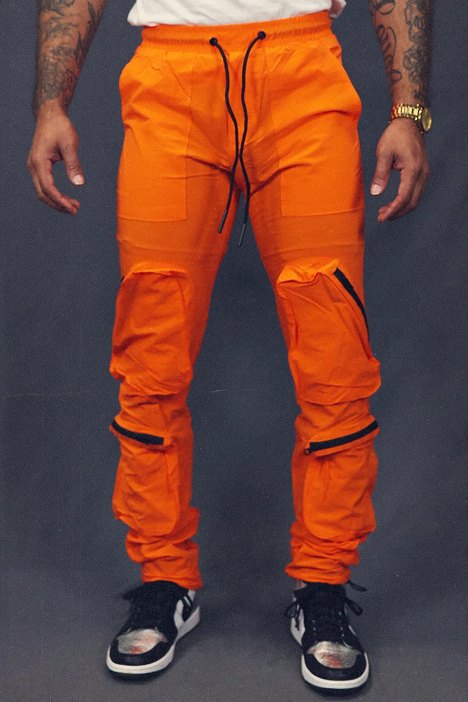 Men's Tactical Nylon Track Pants Street Sweatpants Utility Joggers with Zipper Pockets | Orange