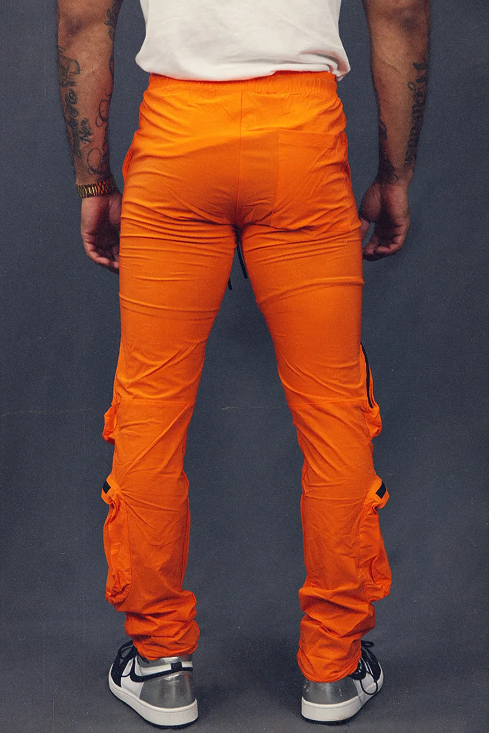 Men's Tactical Nylon Track Pants Street Sweatpants Utility Joggers with Zipper Pockets | Orange