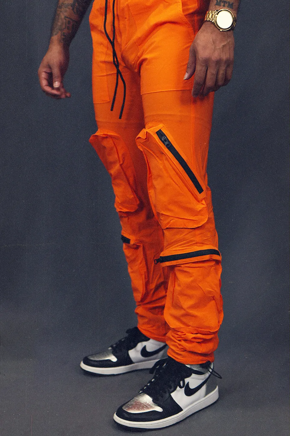 Men's Tactical Nylon Track Pants Street Sweatpants Utility Joggers with Zipper Pockets | Orange