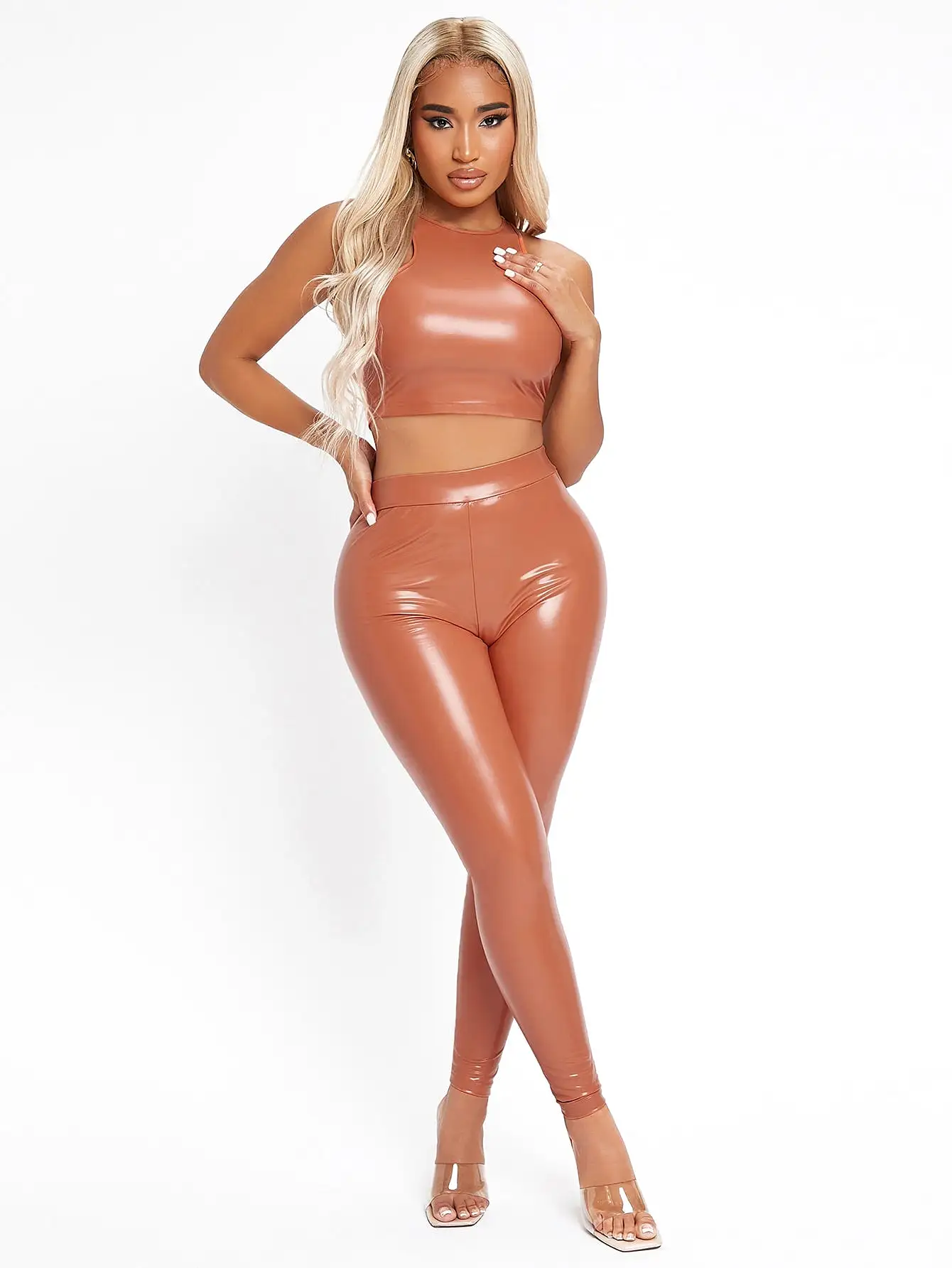 Mock Neck PU Leather Tank Top Leggings Set