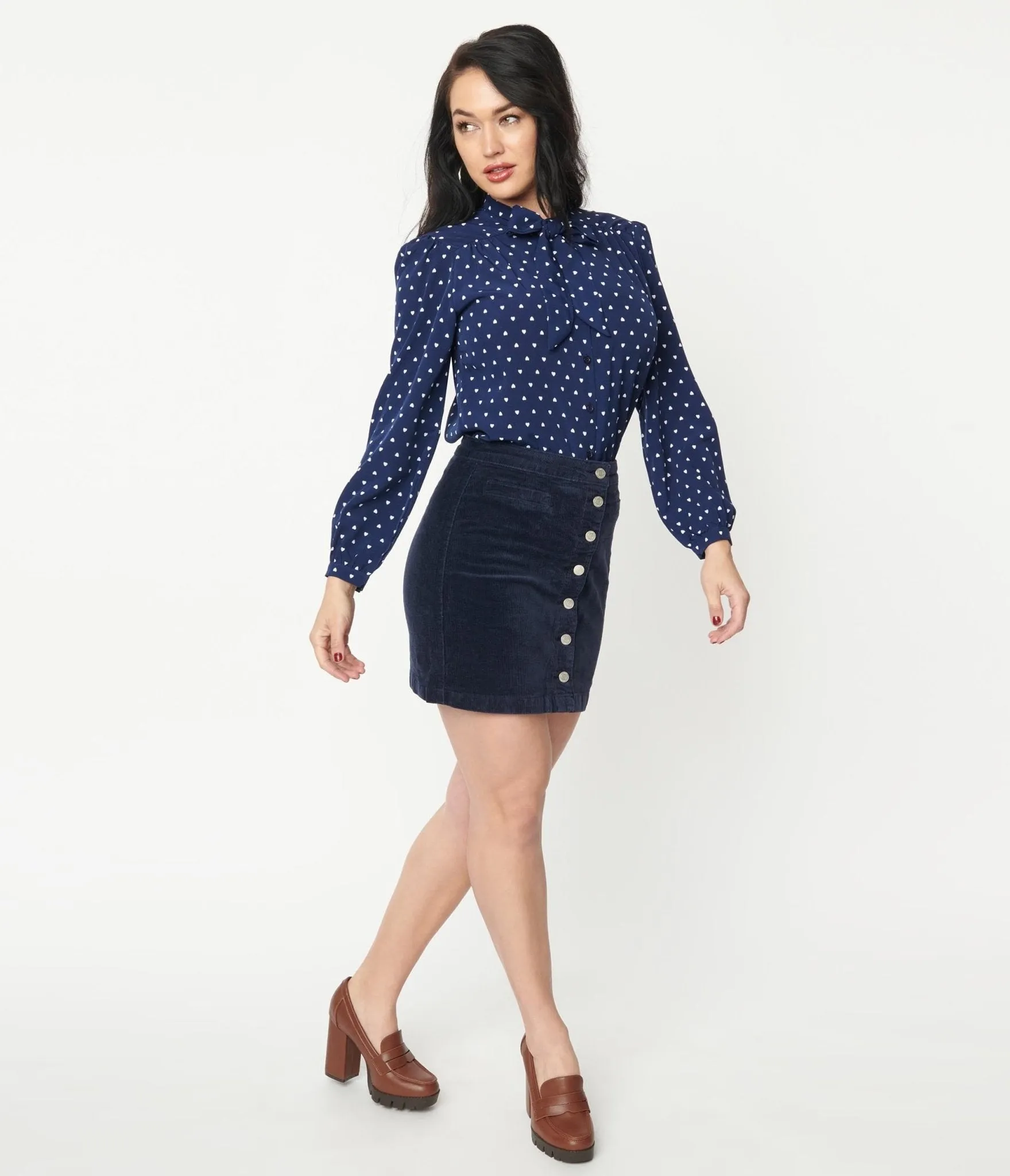 Navy Corduroy Button Up Mini Skirt