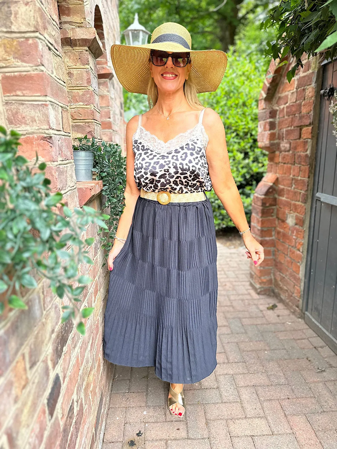 Navy Pleated Stripe Belted Skirt