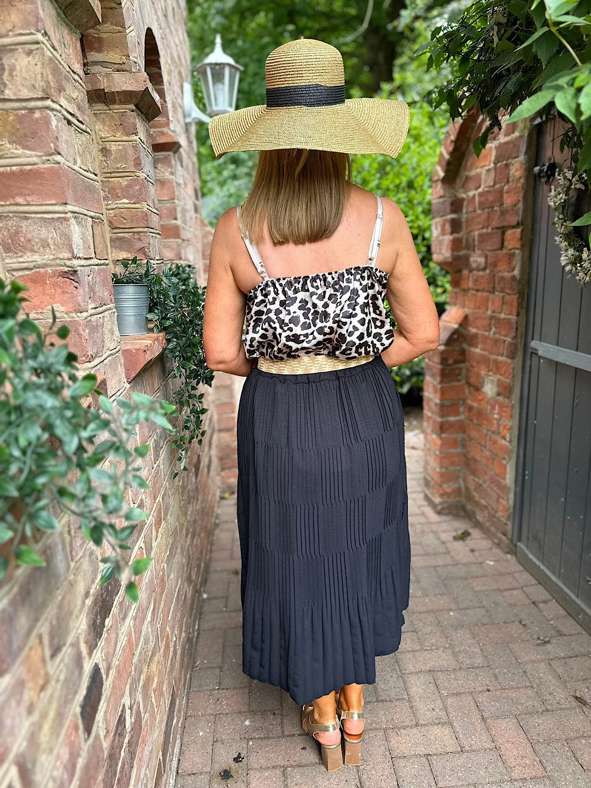 Navy Pleated Stripe Belted Skirt