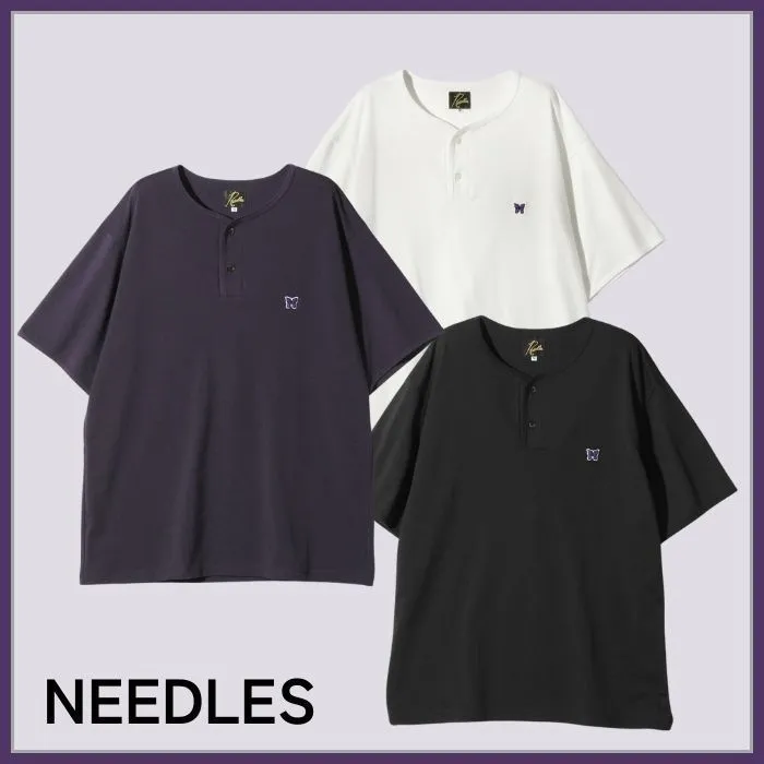 Needles  |Unisex Henry Neck Plain Short Sleeves Henley T-Shirts