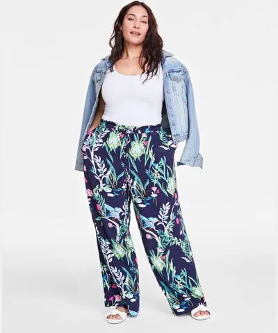 On 34th Trendy Plus Swan-Print Wide-Leg Pull-On Pants