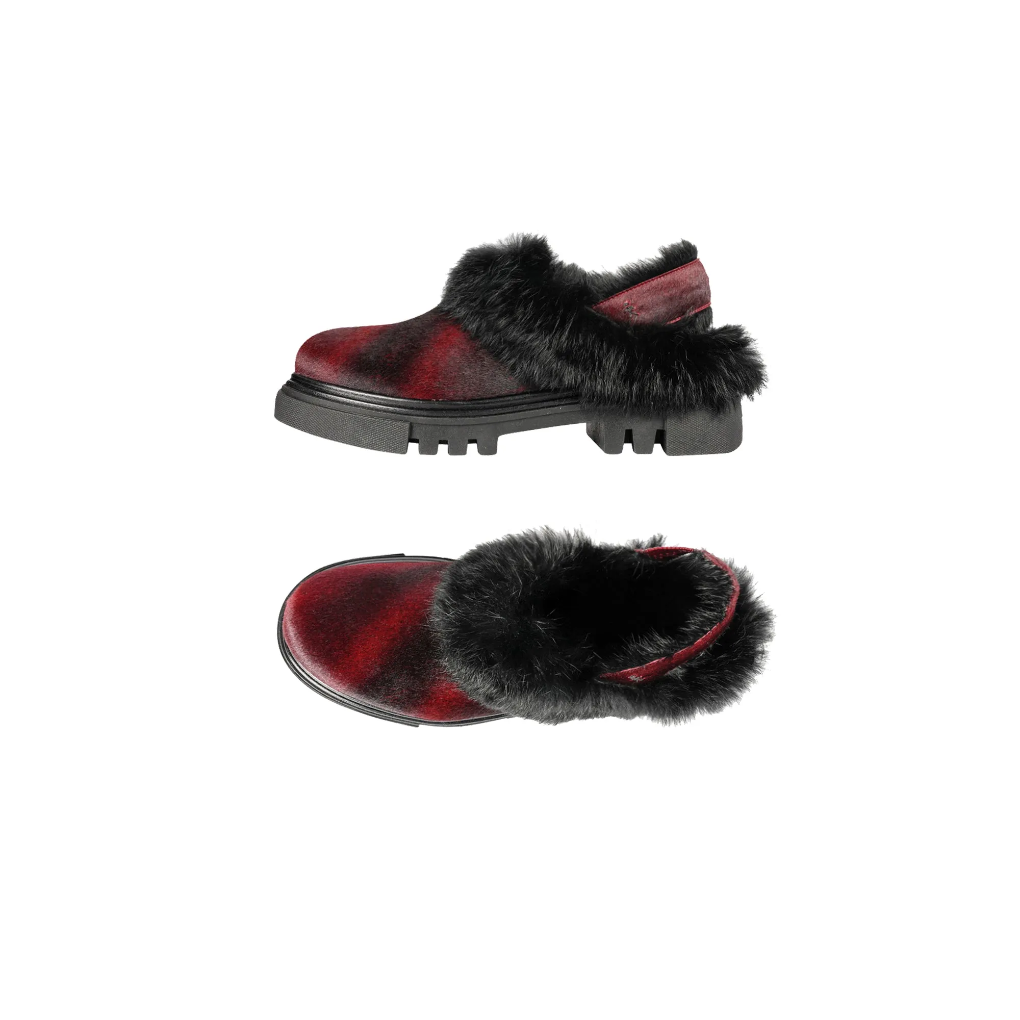 Open Back Fur Mules Pony Burgundy