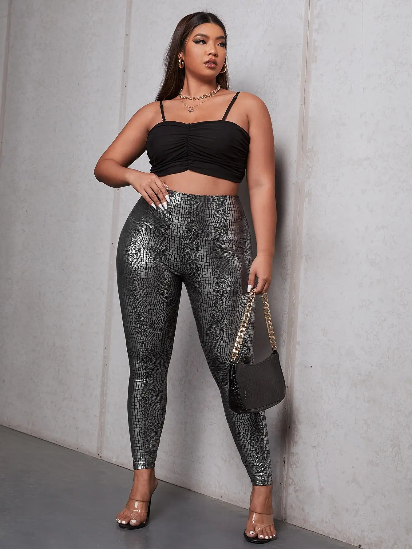 Plus Wide Waistband Crocodile Embossed Leggings