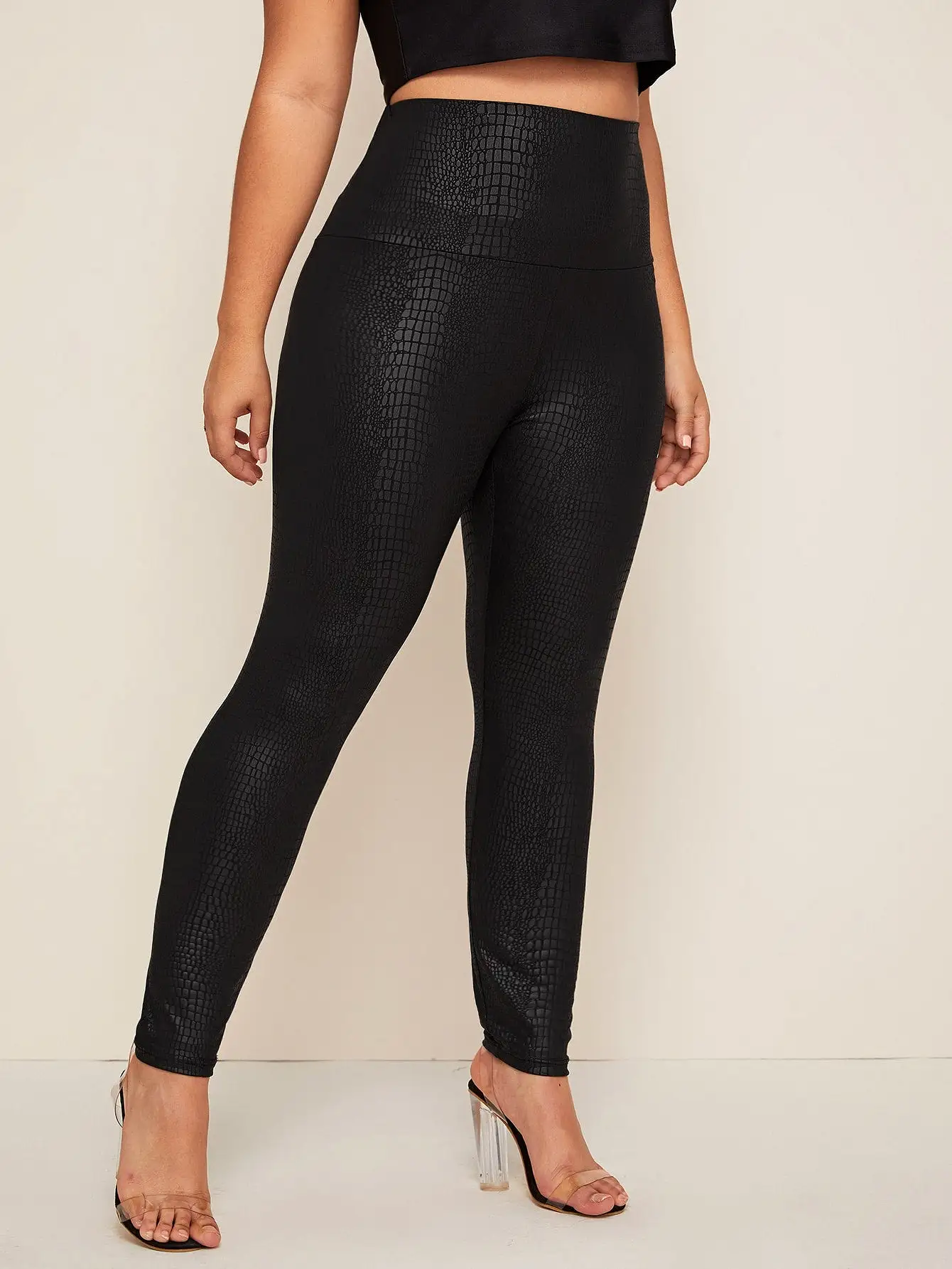 Plus Wide Waistband Crocodile Embossed Leggings