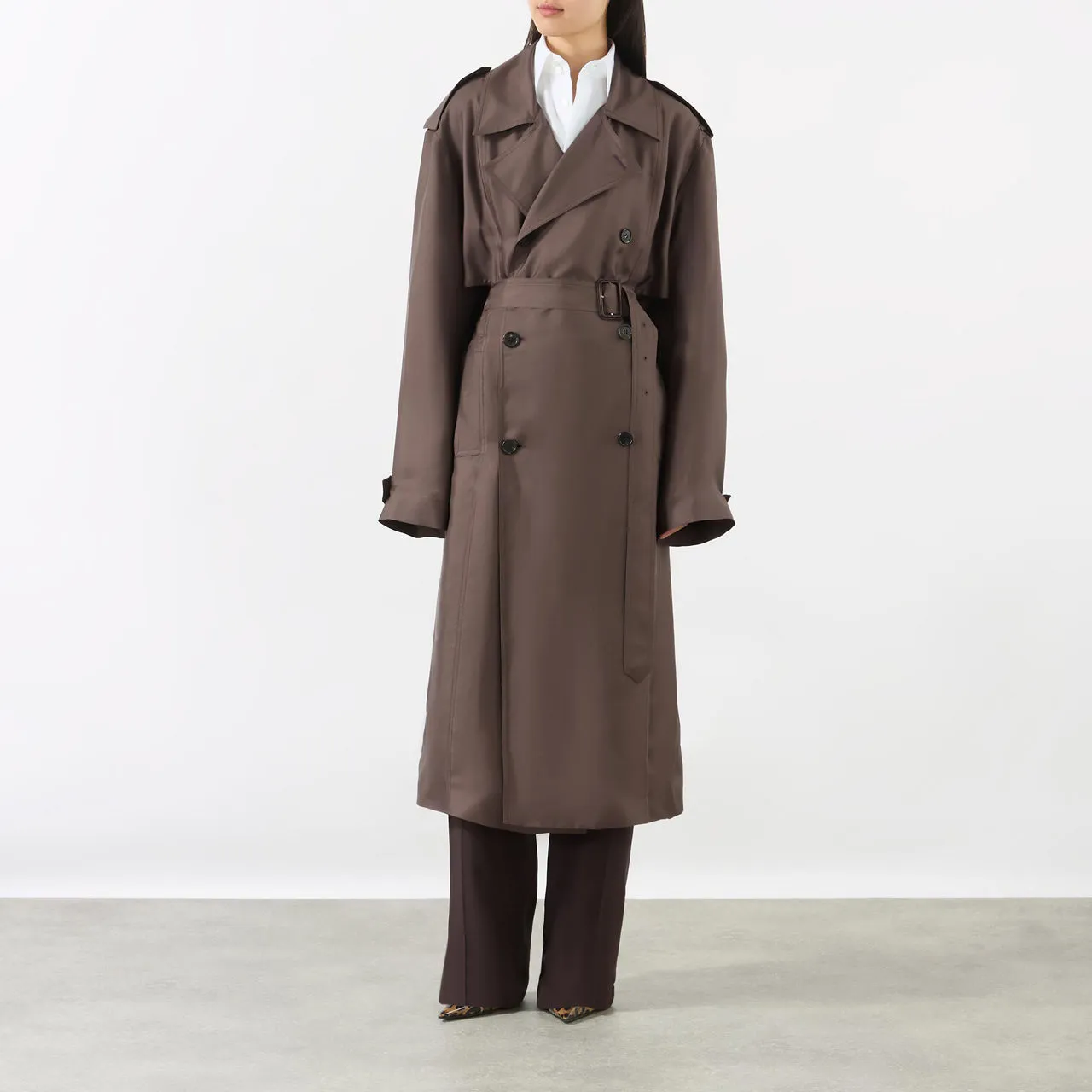 SAINT LAURENT Double-Breasted Belted Trench Coat - Noisette