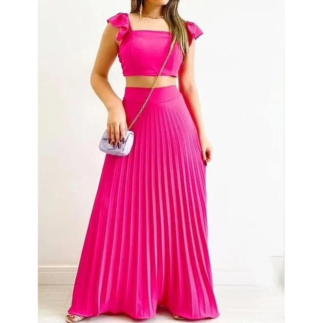 Sexy Pleated Skirt and Square Neck Top Set