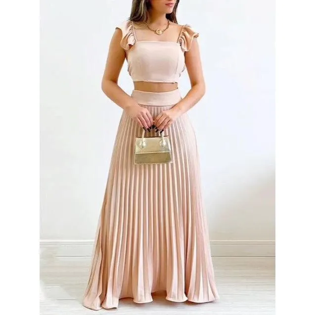 Sexy Pleated Skirt and Square Neck Top Set