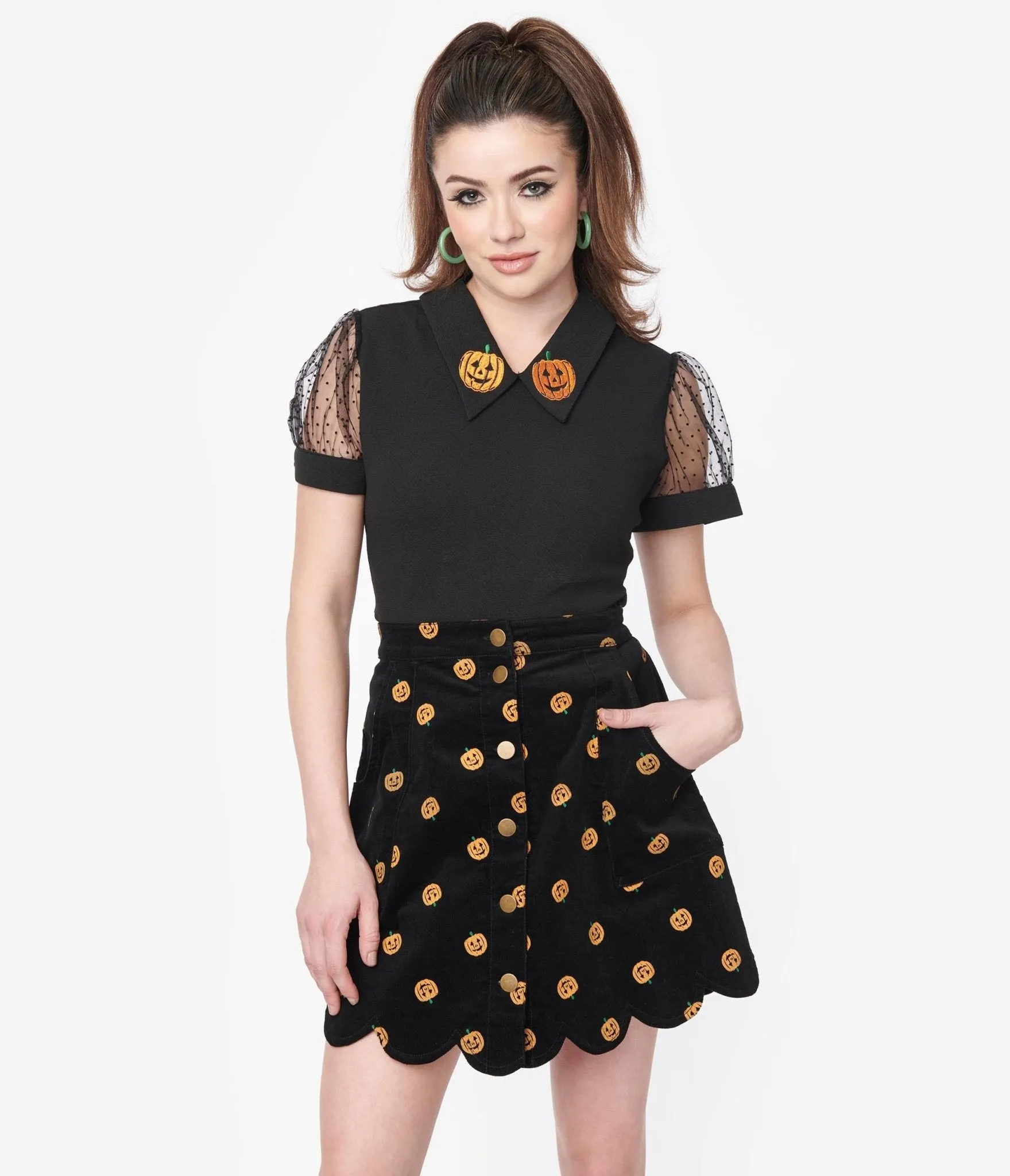 Smak Parlour 1970s Black Corduroy & Pumpkin Stamp Campus Mini Skirt