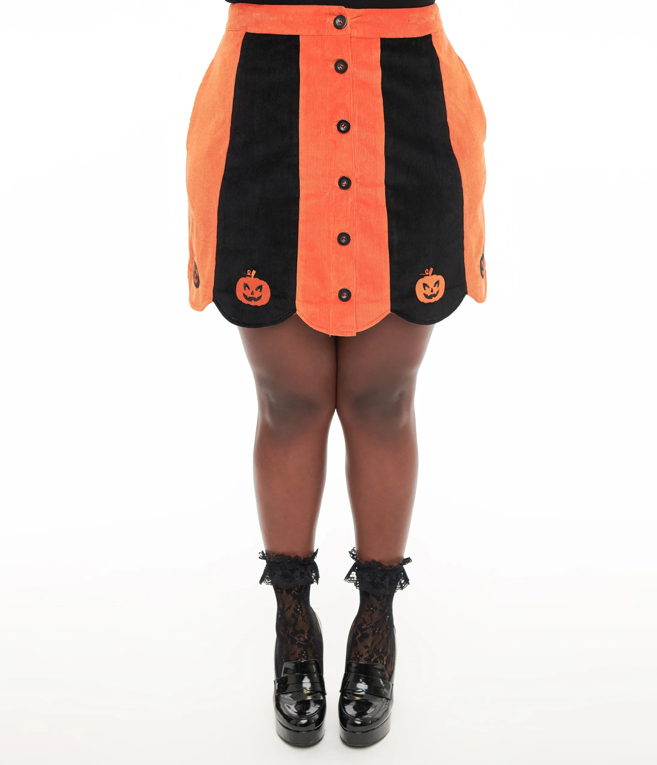 Smak Parlour Plus Size 1960s Orange & Black Pumpkin Corduroy Mini Skirt