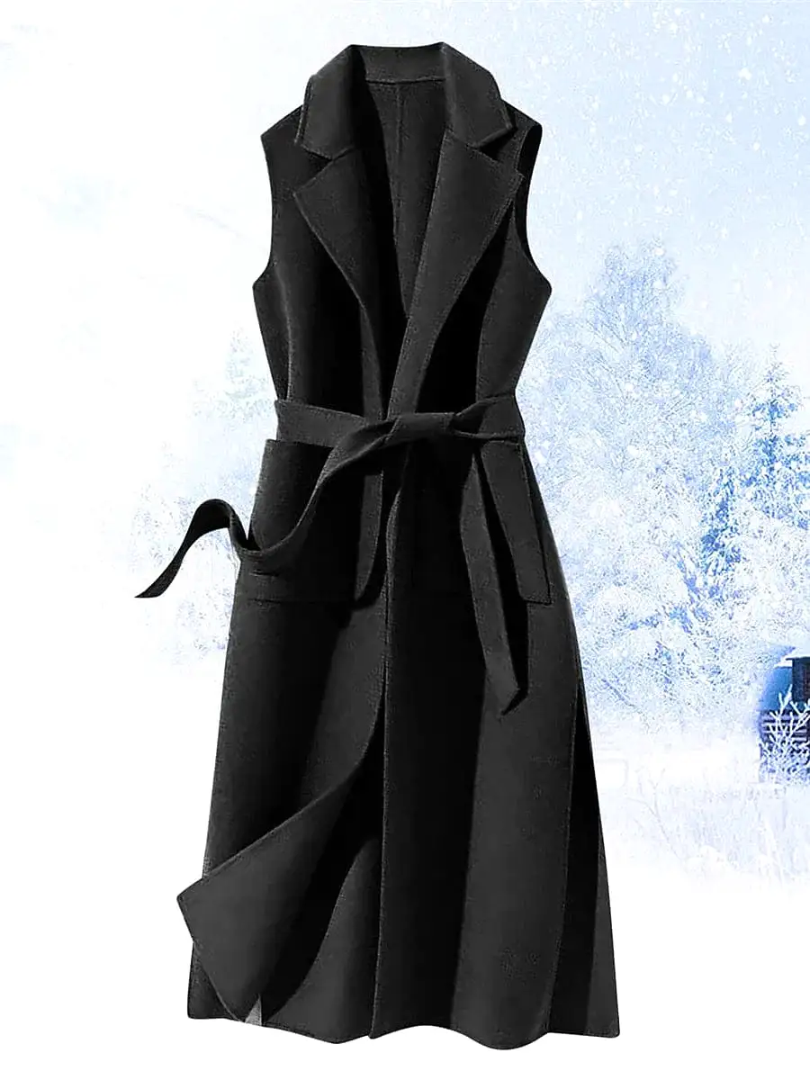 Stylish Sleeveless Winter Pea Coat with Belt - Women's Black S