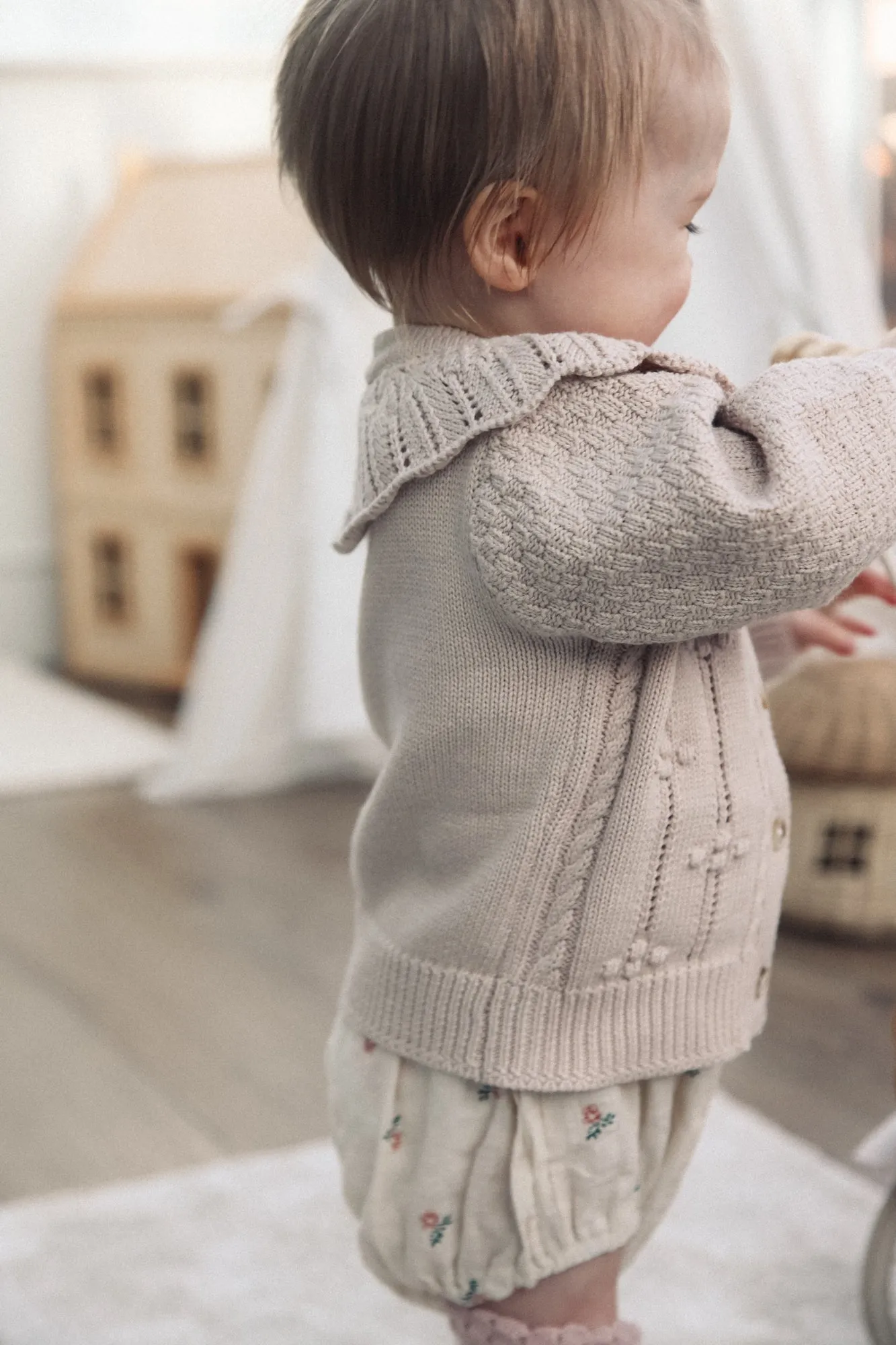 Taupe Knitted Frill Collar Cardigan