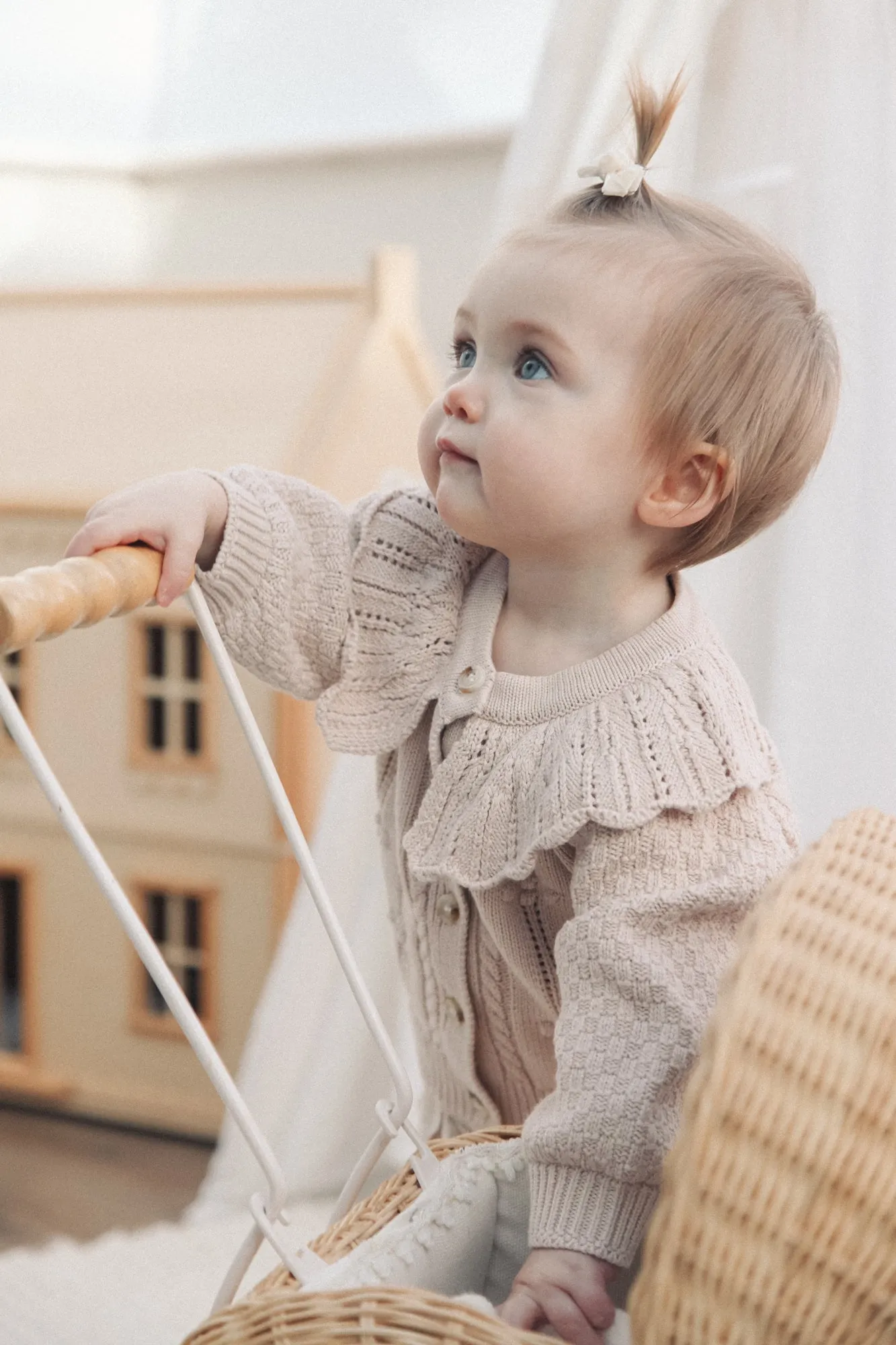 Taupe Knitted Frill Collar Cardigan