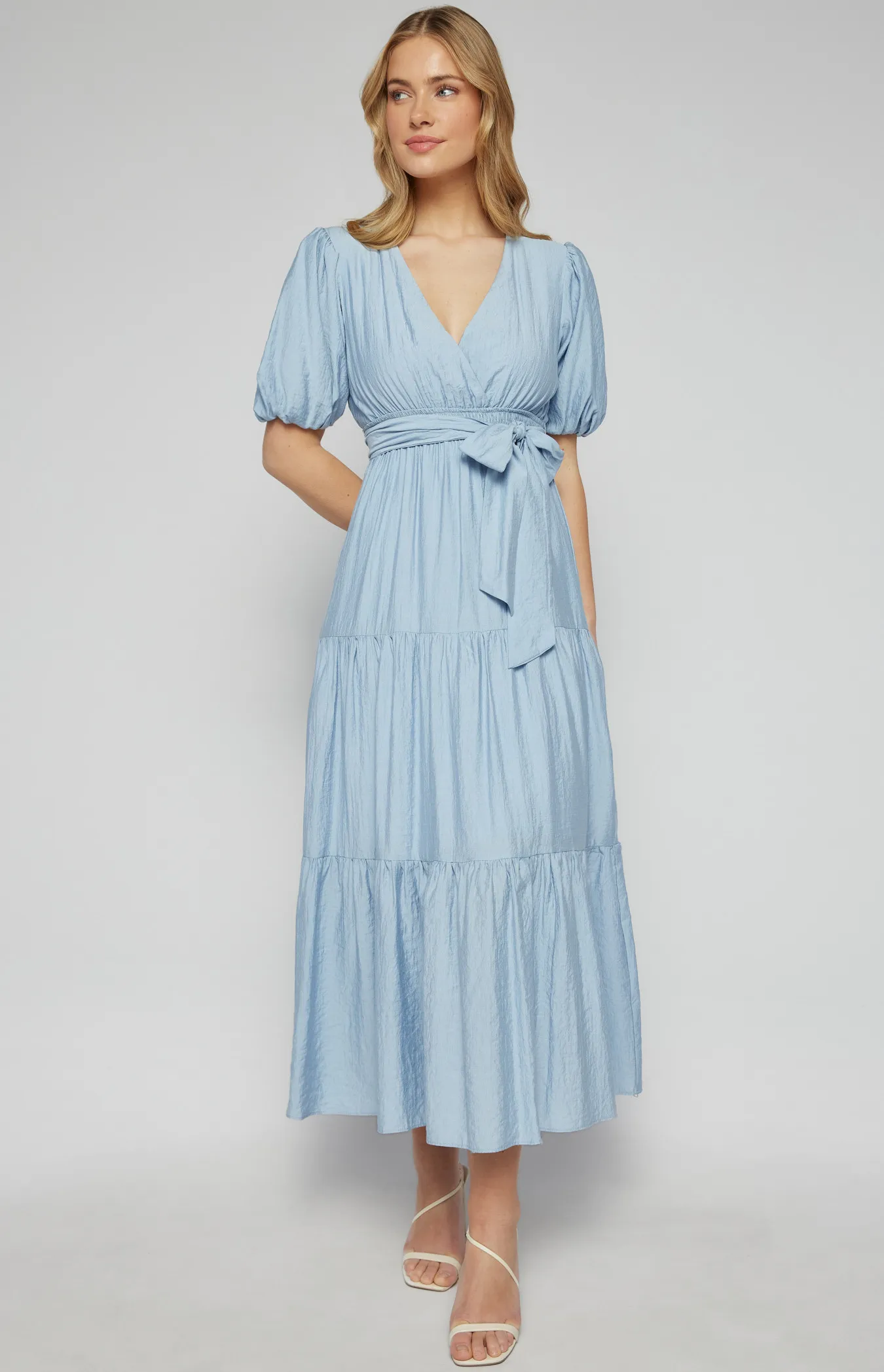 Textured Bubble Sleeve Maxi Dress with Tiered Hem (SDR1253A)